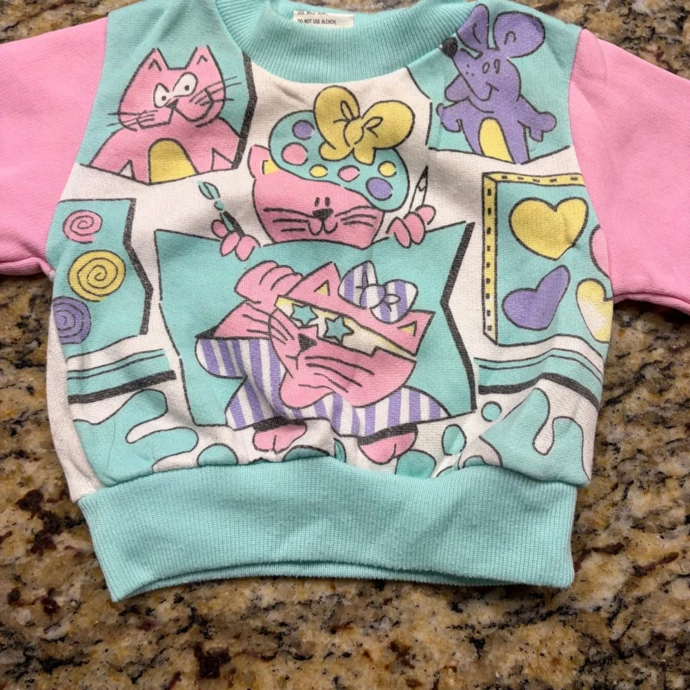 Vintage Tuff Cookies Kids Sweatshirt 12M Pink Turquoise Cat Graphic Pullover